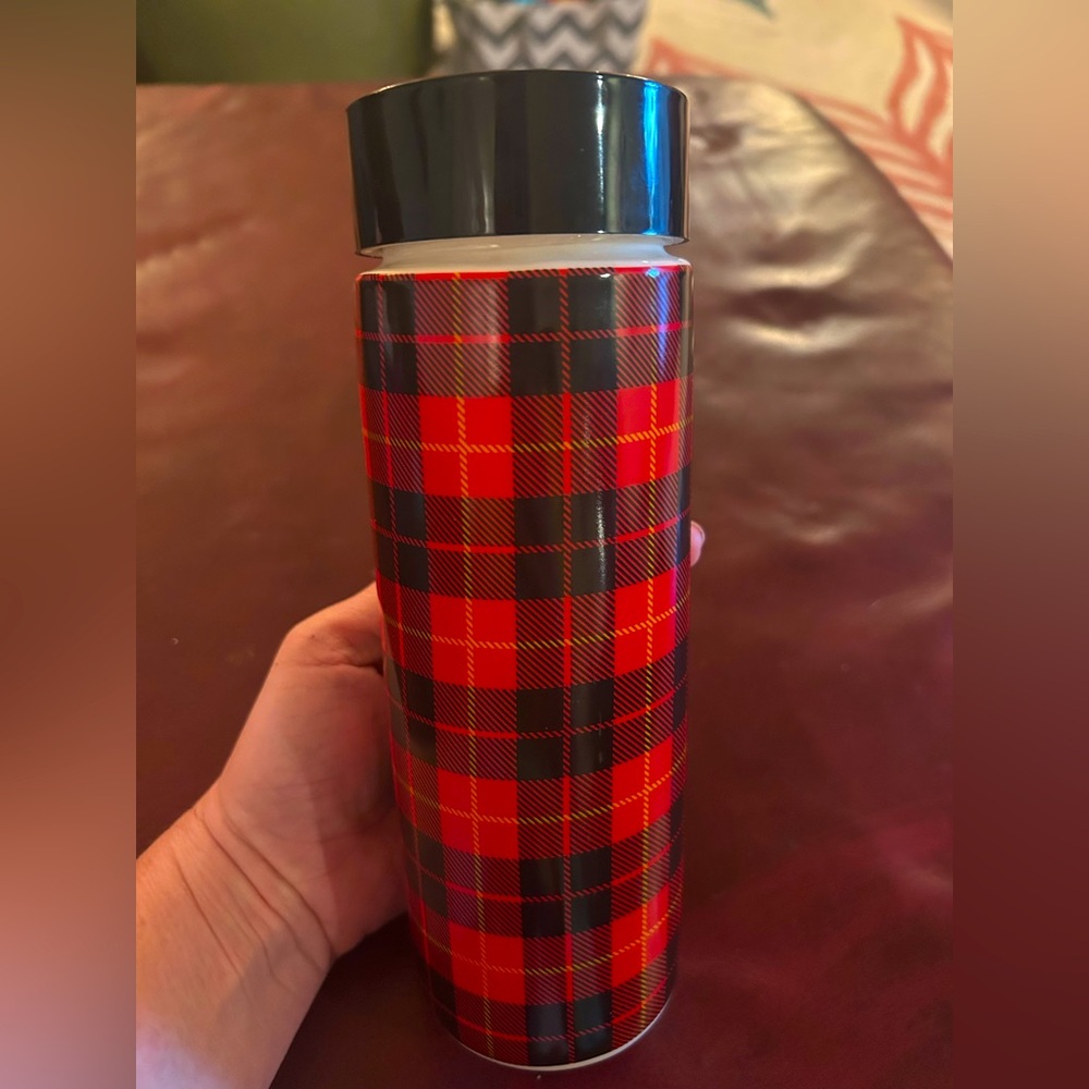NWOT Red Plaid Coffee Ceramic Thermos Maybe Starbucks???